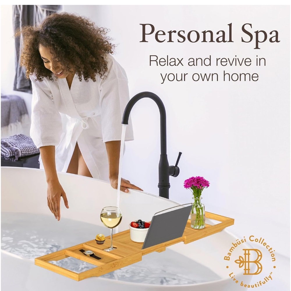 Bambüsi Bathtub Tray Table‎ Collapsible & Adjustable Bathtub Caddy Space-Saving